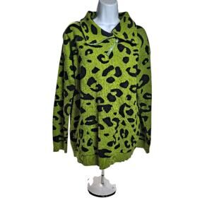 Women's Large Sweater Lime Green/Black Leopard Print Quarter Zip Neckline